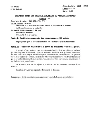 Première page de SVT 2nde A2, 2nde B — 1er devoir surveillé, 1er semestre (2021-2022) · CEG PAHOU