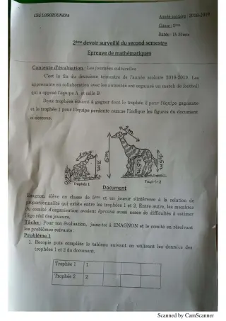 Première page de Devoir surveillé de MATHS GENE — 5e — CEG Lobozounkpa (2018)