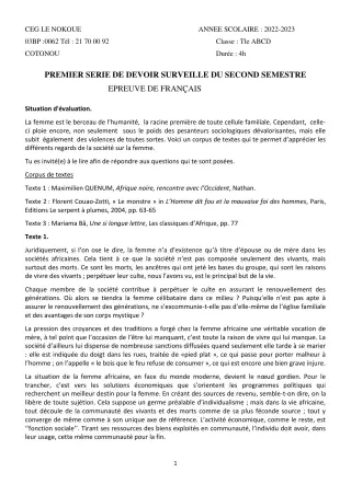 Première page de Français Tle A2, Tle B, Tle C, Tle D — 1er devoir surveillé, 2e semestre (2022-2023) · CEG LE NOKOUE
