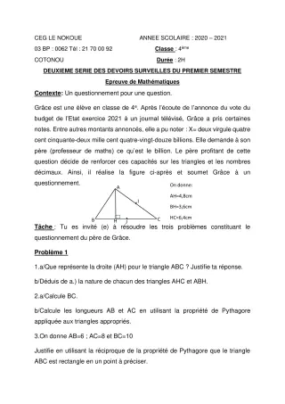 Première page de Mathématiques 4e, 4e ML — 2e devoir surveillé, 1er semestre (2020-2021) · CEG LE NOKOUE