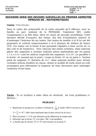 Première page de Mathématiques 2nde D — 2e devoir surveillé, 1er semestre (2020-2021) · CEG HOUEYIHO