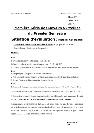 Première page de Histoire-Géographie 6e — 1er devoir surveillé, 1er semestre (2019-2020) · CEG Agassa Godomey