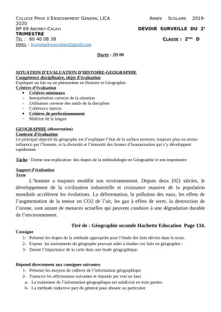Première page de Histoire-Géographie 4e, 4e ML, 2nde C, 2nde D — Devoir surveillé, 1er trimestre (2019-2020) · CPEG LICA