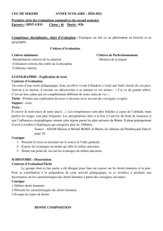 Première page de Histoire-Géographie 4e — 1re évaluation sommative, 2e semestre (2020-2021) · CEG SEKERE