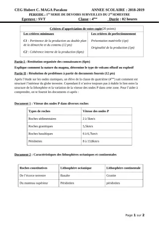 Première page de SVT 4e, 4e ML — 1er devoir surveillé, 2e semestre (2018-2019) · CEG Hubert C. MAGA