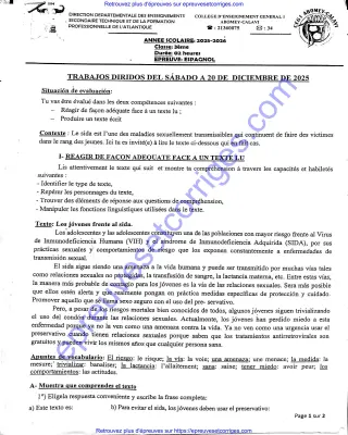 Première page de Espagnol 3ème – Travaux dirigés du 20 décembre 2025 (compréhension, vocabulaire et grammaire)