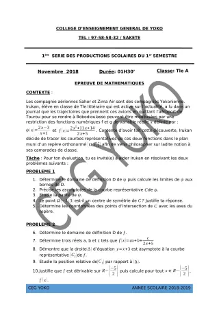 Première page de Mathématiques Tle A2 — 1re production scolaire, 1er semestre (2018-2019) · CEG Yoko