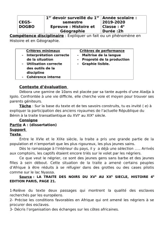 Première page de Histoire-Géographie 4e — 1er devoir surveillé (2018-2019) · CEG5 DOGBO