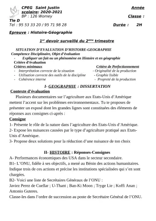 Première page de Histoire-Géographie Tle C, Tle D — 1er devoir surveillé, 2e trimestre (2020-2021) · CPEG SAINT Justin