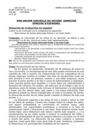 Première page de Espagnol Tle A2, Tle B — 1er devoir surveillé, 2e semestre (2020-2021) · CEG du Lac