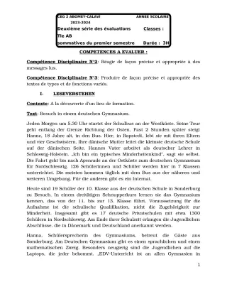Première page de Allemand Tle B — 2e évaluation sommative, 1er semestre (2023-2024) · CEG2 ABOMEY - CALAVI (CEG ZOCA)