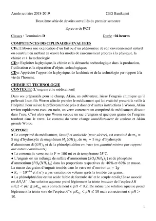 Première page de PCT Tle D — 2e devoir surveillé, 1er semestre (2018-2019) · CEG Banikanni