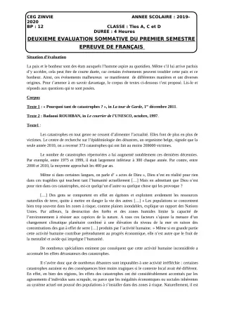 Première page de Français Tle A1, Tle A2, Tle C, Tle D — 2e évaluation sommative, 1er semestre (2019-2020) · CEG Zinvié