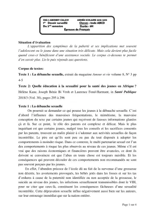 Première page de Français 2nde A, 2nde B, 2nde C, 2nde D — 1er devoir surveillé, 2e semestre (2018-2019) · CEG2 ABOMEY - CALAVI (CEG ZOCA)
