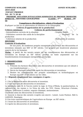 Première page de Histoire-Géographie 3e, 3e ML — Évaluation sommative, 1er trimestre (2019-2020) · CPEG ENFANT PRODIGE