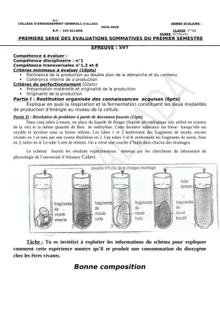 Première page de SVT Tle D — 1re évaluation sommative, 1er semestre (2019-2020) · CEG1 Allada