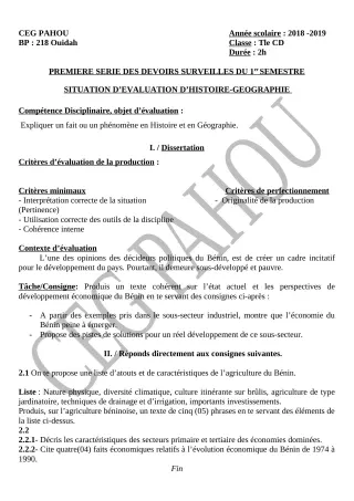 Première page de Histoire-Géographie Tle C, Tle D — 1er devoir surveillé, 1er semestre (2018-2019) · CEG PAHOU