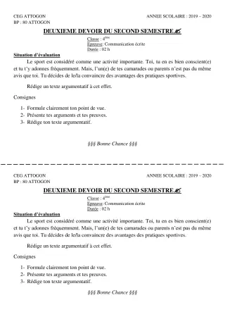 Première page de Français 4e — 2e devoir surveillé, 2e semestre (2019-2020) · CEG Attogon