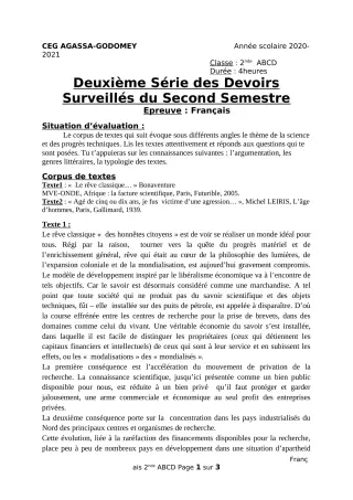 Première page de Français 2nde A & B, 2nde C, 2nde D — 2e devoir surveillé, 2e semestre (2020-2021) · CEG Agassa Godomey
