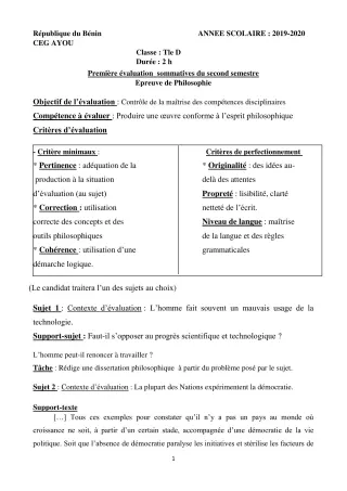 Première page de Philosophie Tle D — 1re évaluation sommative, 2e semestre (2019-2020) · CEG AYOU