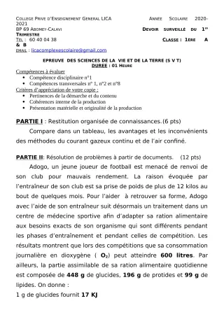 Première page de SVT 1ère A2, 1ère B — Devoir surveillé, 1er trimestre (2020-2021) · CPEG LICA