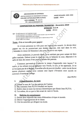 Première page de ECM 6ème – Composition du 1er trimestre 2025-2026 – Compréhension de texte et valeurs civiques – Collège Catholique Père Aupiais