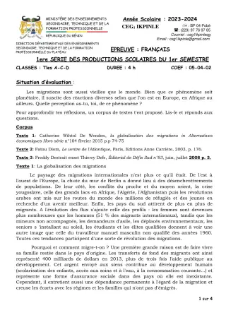 Première page de Français Tle A1, Tle A2, Tle C, Tle D — 1re production scolaire, 1er semestre (2023-2024) · CEG1 Ikpinlè