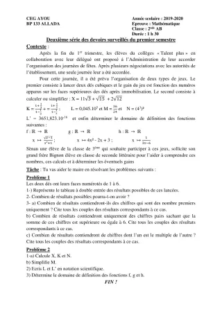 Première page de Mathématiques 2nde A & B — 2e devoir surveillé, 1er semestre (2019-2020) · CEG AYOU