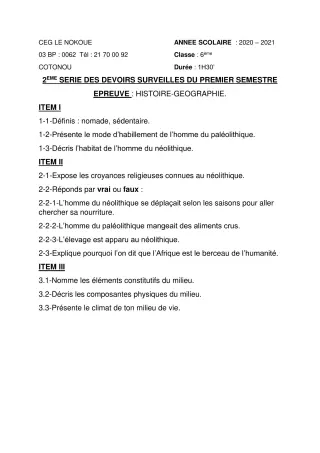 Première page de Histoire-Géographie 6e — 2e devoir surveillé, 1er semestre (2020-2021) · CEG LE NOKOUE