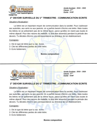 Première page de Français 5e — 1er devoir surveillé, 1er trimestre (2019-2020) · CPEG LE PHARAON