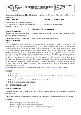 Première page de Histoire-Géographie 1ère A, 1ère B — 2e devoir surveillé, 2e semestre (2019-2020) · CEG l'Océan