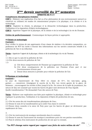 Première page de PCT 6e — 2e devoir surveillé, 2e semestre (2019-2020) · CEG Yagbe