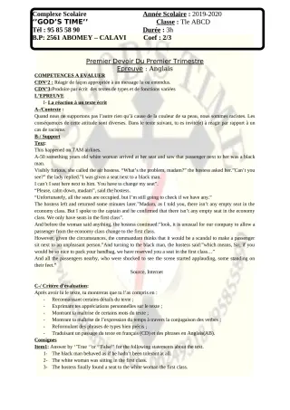 Première page de Histoire-Géographie Tle A2, Tle B — 1er devoir surveillé, 1er trimestre (2019-2020) · CPEG GOD'S TIME