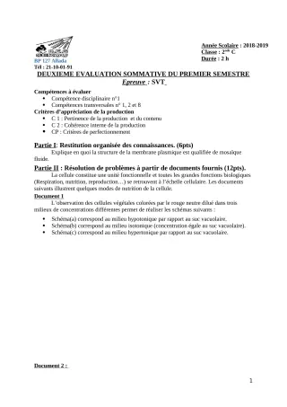Première page de SVT 2nde C — 2e évaluation sommative, 1er semestre (2018-2019) · CEG Sékou