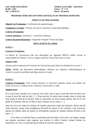 Première page de Philosophie Tle C, Tle D — 1er devoir surveillé, 1er semestre (2018-2019) · CEG AGBLANGANDAN