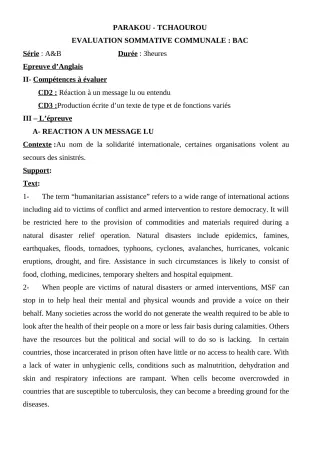 Première page de Anglais Tle A1, Tle A2, Tle B — Évaluation sommative (2018-2019) · CEG Hubert C. MAGA