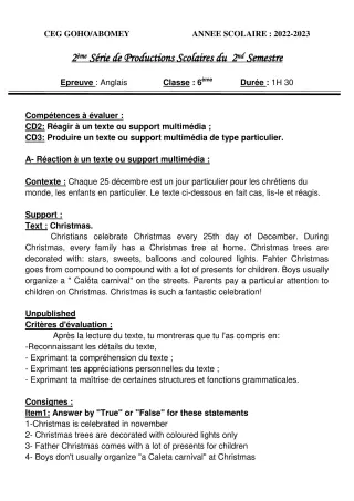 Première page de Anglais 6e — 2e production scolaire, 2e semestre (2022-2023) · CEG GOHO