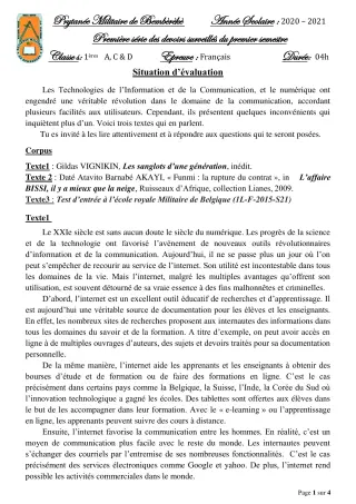 Première page de Français 1ère A1, 1ère A2, 1ère C, 1ère D — 1er devoir surveillé, 1er semestre (2020-2021) · PMB