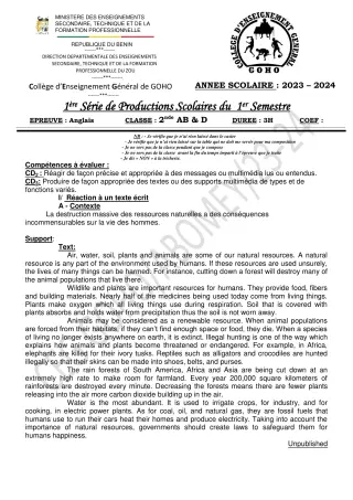 Première page de Anglais 2nde D — 1re production scolaire, 1er semestre (2023-2024) · CEG GOHO