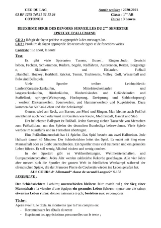 Première page de Allemand 1ère A2, 1ère B — 2e devoir surveillé, 2e semestre (2020-2021) · CEG du Lac