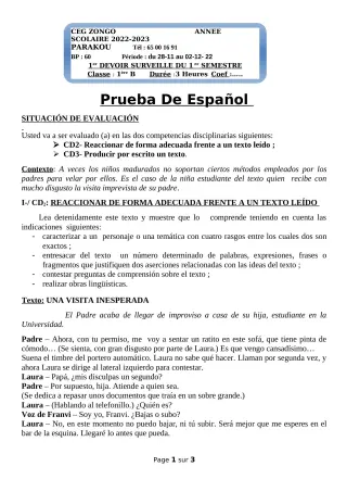 Première page de Espagnol 1ère B — 1er devoir surveillé, 1er semestre (2022-2023) · CEG ZONGO