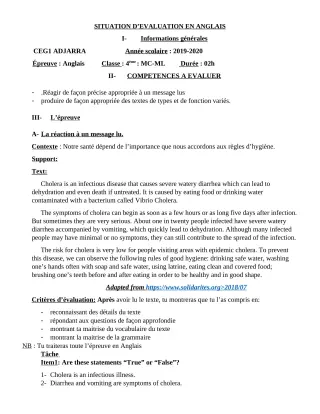 Première page de Devoir surveillé de ANGLAIS — 4e ML&MC — CEG1 Adjarra (2019)