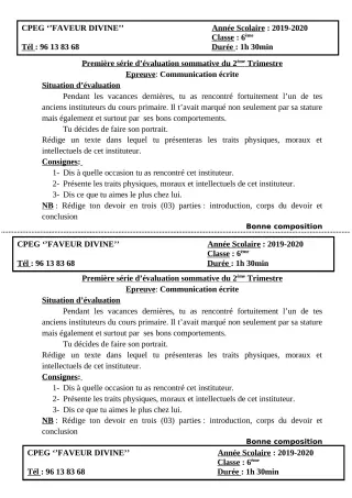 Première page de Anglais 6e, 5e, 4e, 4e ML, 3e, 3e ML — Évaluation sommative, 2e trimestre (2019-2020) · CPEG Faveur Divine de Sékou