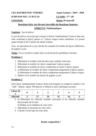 Première page de Mathématiques 1ère A1, 1ère A2, 1ère B — 2e devoir surveillé, 2e semestre (2019-2020) · CEG Kouhounou-Vêdoko