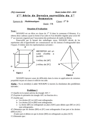 Première page de Mathématiques 1ère D — 1er devoir surveillé, 1er semestre (2018-2019) · CEG Lissazounmè