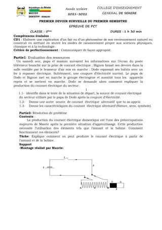 Première page de PCT 5e — 1er devoir surveillé, 1er semestre (2021-2022) · CEG SEKERE