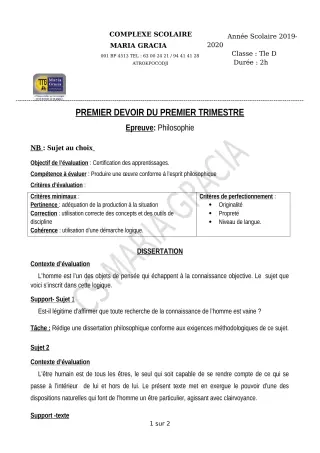 Première page de Philosophie Tle D — 1er devoir surveillé, 1er trimestre (2019-2020) · CPEG MARIA GRACIA