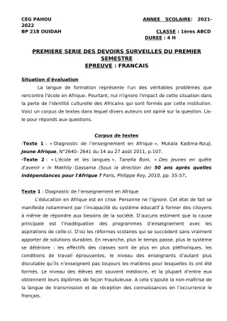 Première page de Français 1ère A1, 1ère A2, 1ère B, 1ère C, 1ère D — 1er devoir surveillé, 1er semestre (2021-2022) · CEG PAHOU