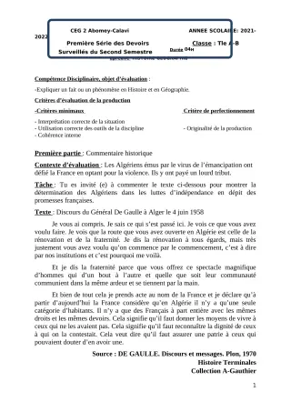 Première page de Histoire-Géographie Tle A1 — 1er devoir surveillé, 2e semestre (2021-2022) · CEG2 ABOMEY - CALAVI (CEG ZOCA)