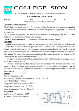 Première page de PCT 3e — Devoir surveillé, 2e semestre (2019-2020) · CEG PRIVE SION DES AD